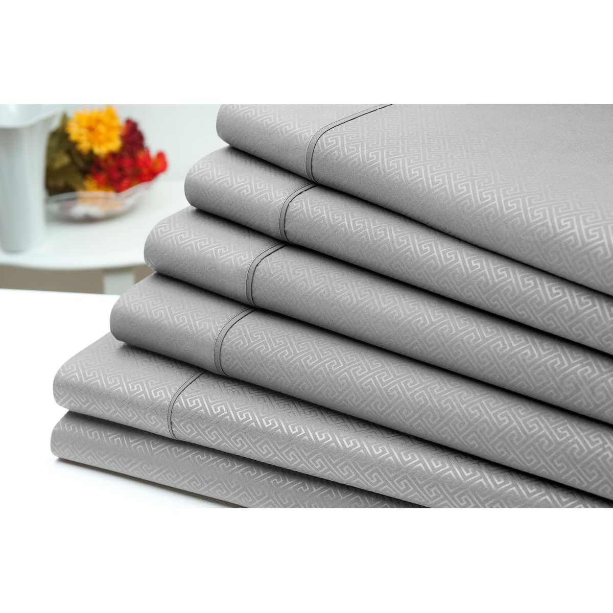 6-Piece Embossed Greek Key Meander Sheet Sets - 6 Piece Greek Key Sheet Set, Silver - Queen