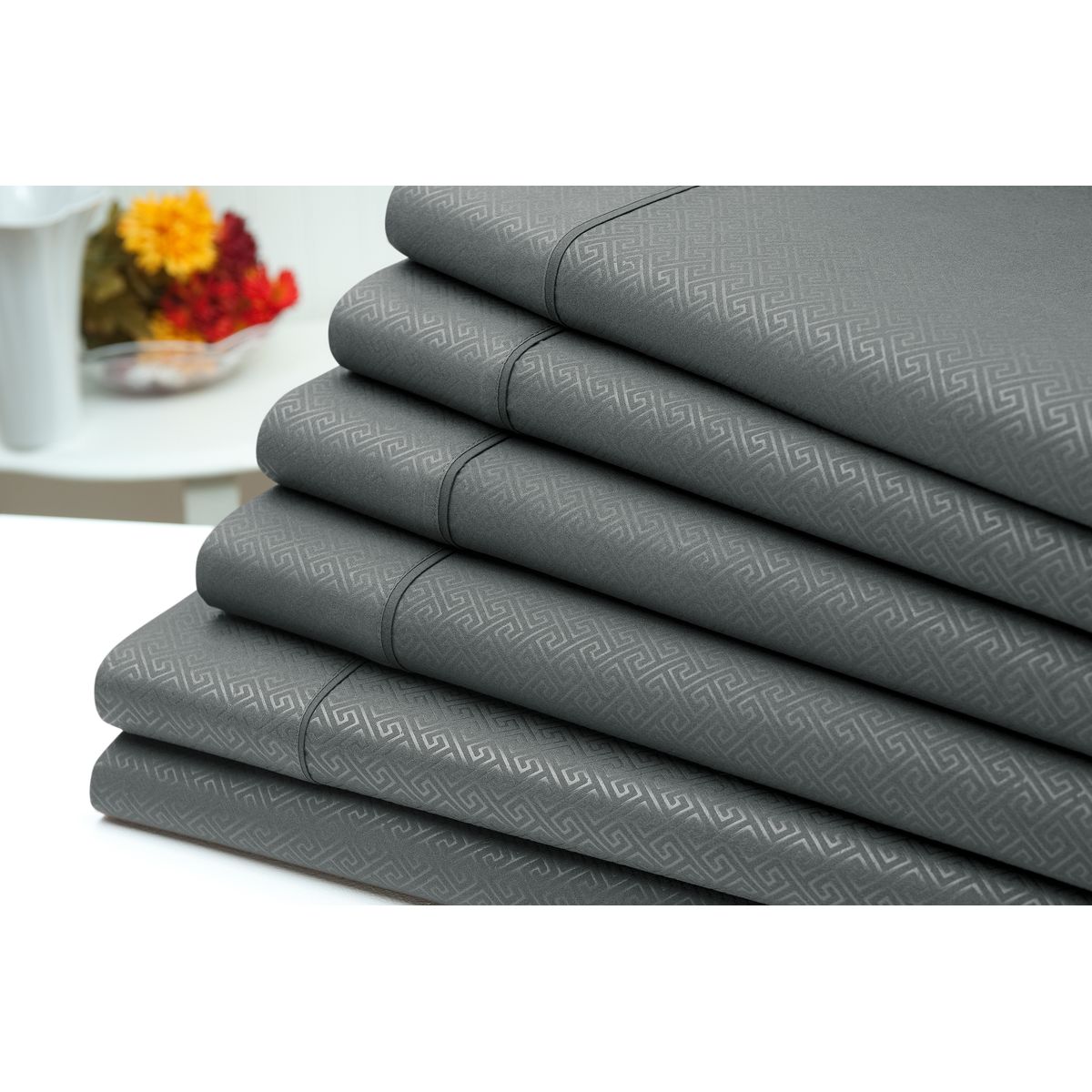 6-Piece Embossed Greek Key Meander Sheet Sets -  6 Piece Greek Key Sheet Set,  Grey - Twin