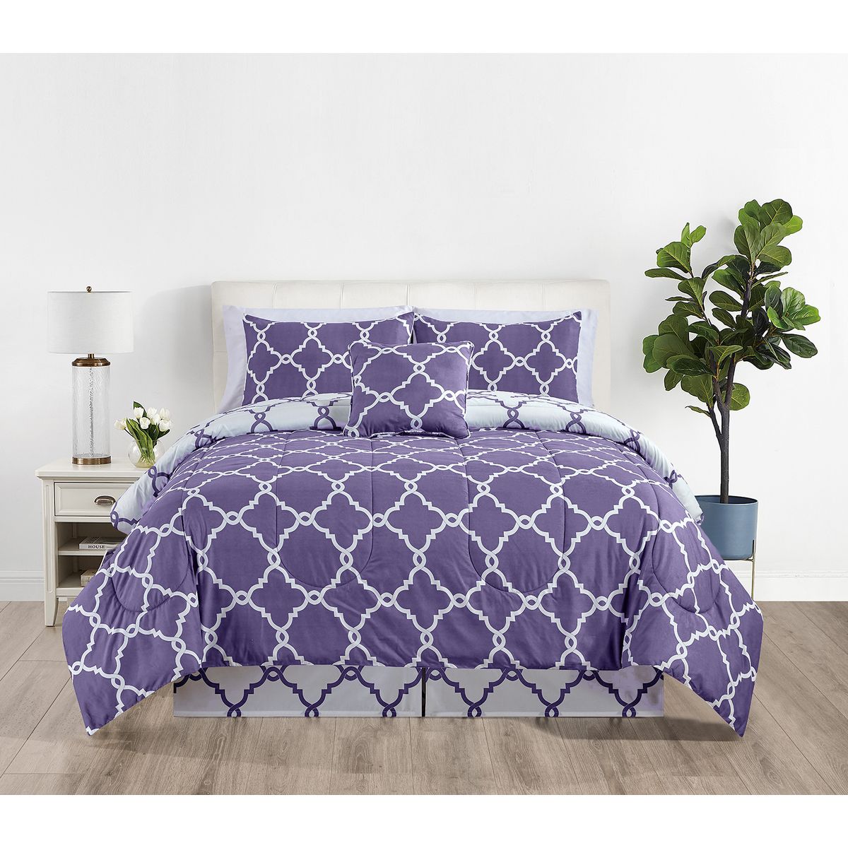 5-Piece Reversible Microfiber Bed Comforter Set - King-Quatrefoil Lavender