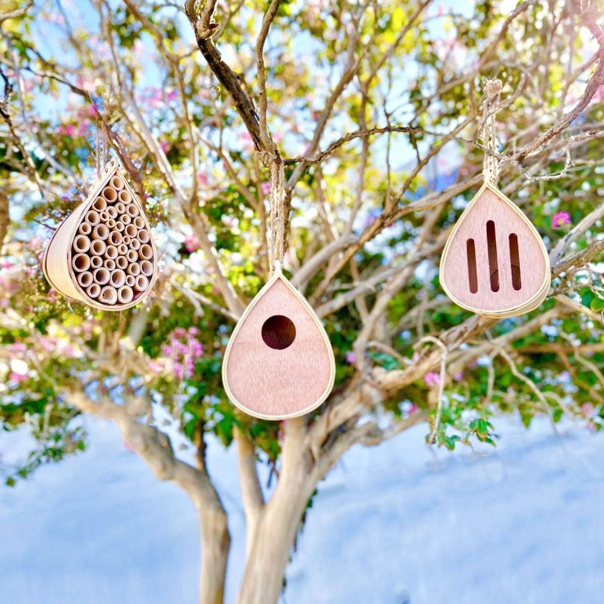 Handmade Wooden Pollinating Houses for Bees, Butterflies, and Birds - Trio Combo
