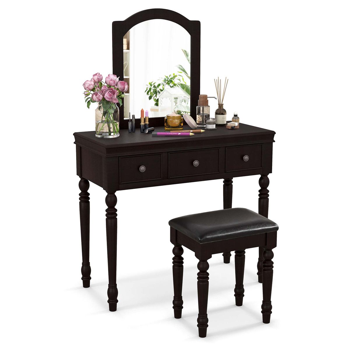 Makeup Vanity Table and Stool Set with Detachable Mirror - Vanity Set Walnut