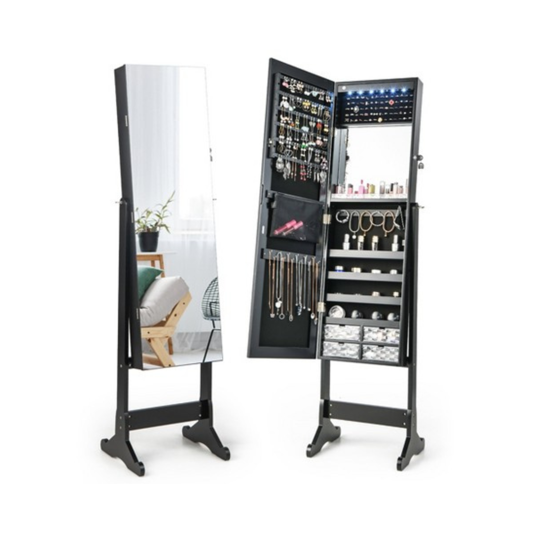 Full-Length Free-Standing Mirror Jewelry Armoire with Lights - Armoire Black