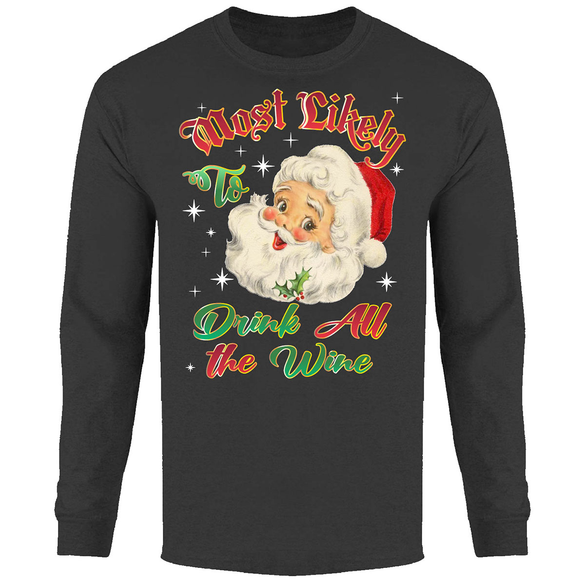 Men's Christmas Long Sleeve Shirt - Drink All The Wine - Black / 2XL