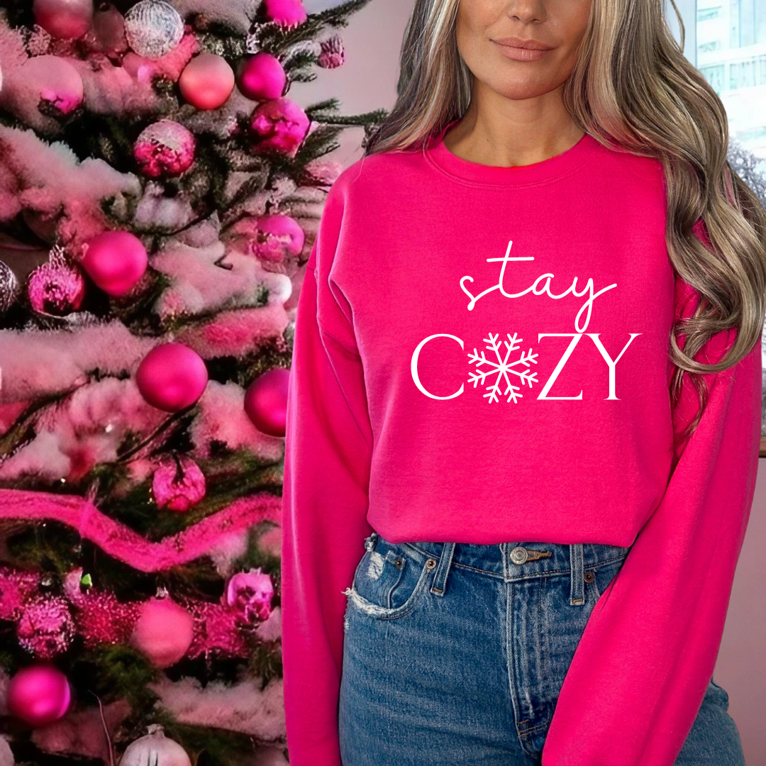 Women's 'Stay Cozy' Graphic Crew Neck Sweater - Small / Helconia (pink)
