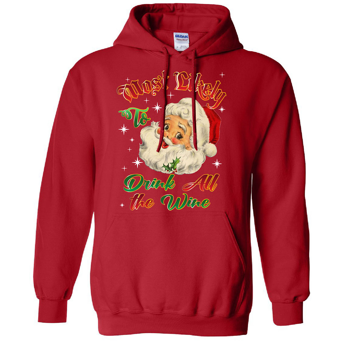 Men's Christmas-Themed Pullover Hoodie with Dual Kangaroo Pocket - Drink All The Wine - Red / S
