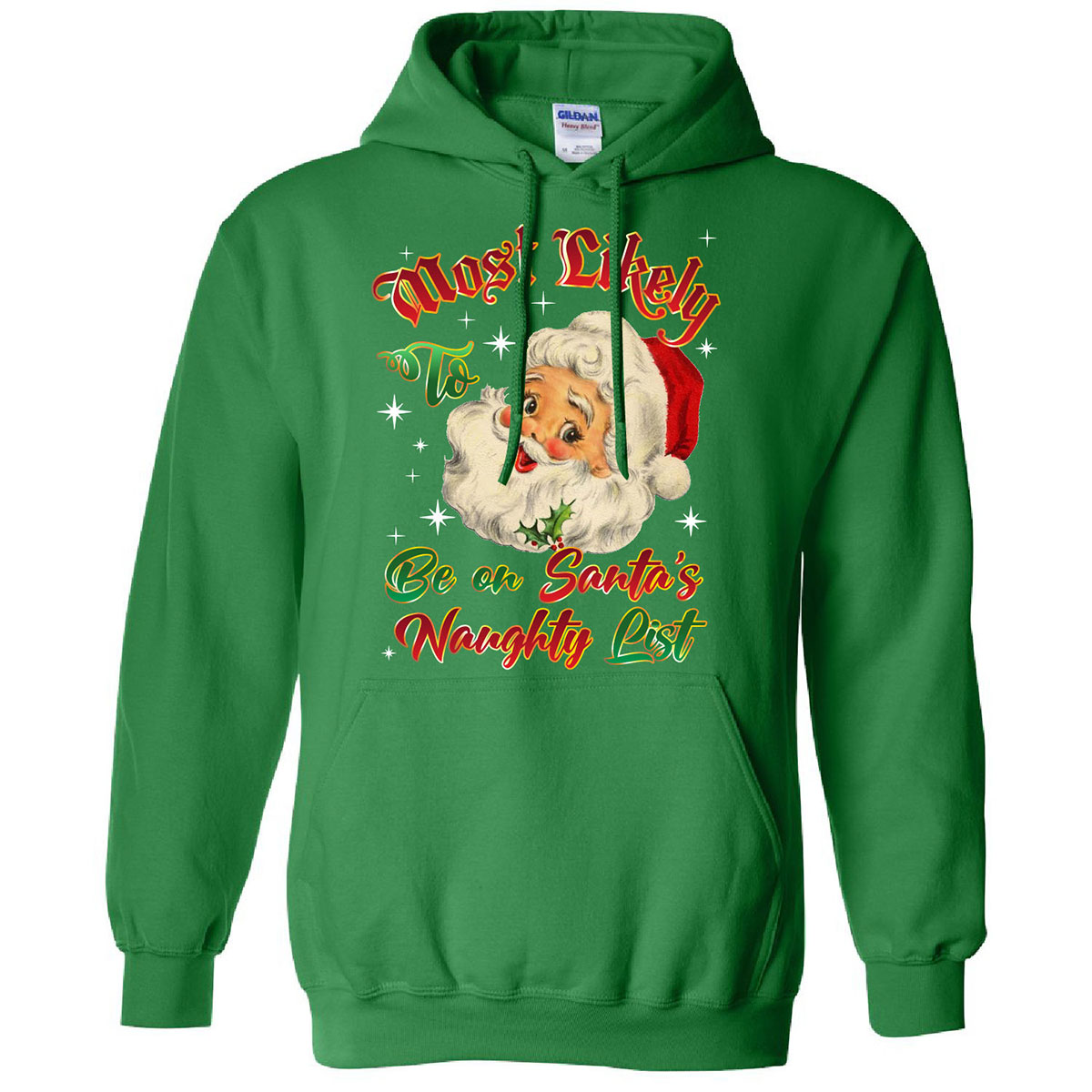 Men's Christmas-Themed Pullover Hoodie with Dual Kangaroo Pocket - Be on Santa's Naughty List - K.Green / XL
