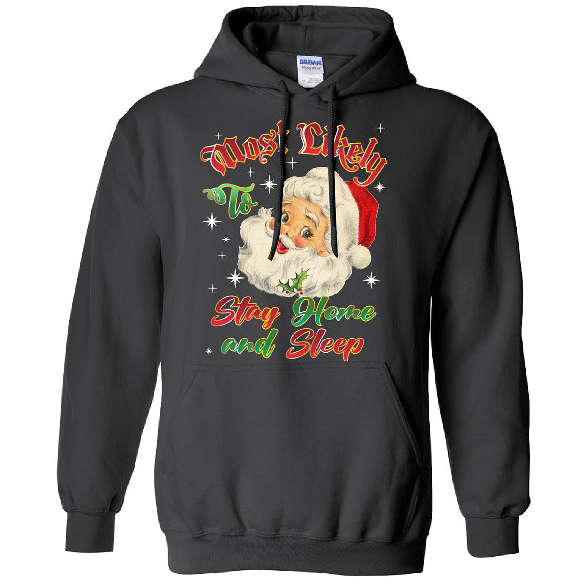 Men's Christmas-Themed Pullover Hoodie with Dual Kangaroo Pocket - Stay Home and Sleep - Black / 2XL