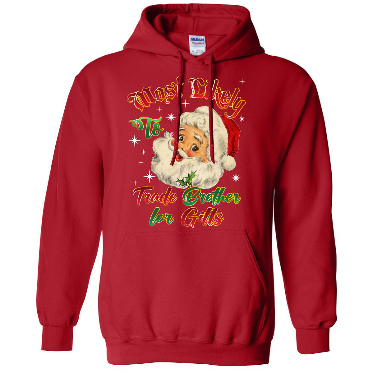 Men's Christmas-Themed Pullover Hoodie with Dual Kangaroo Pocket - Trade Brother for Gifts - Red / 2XL
