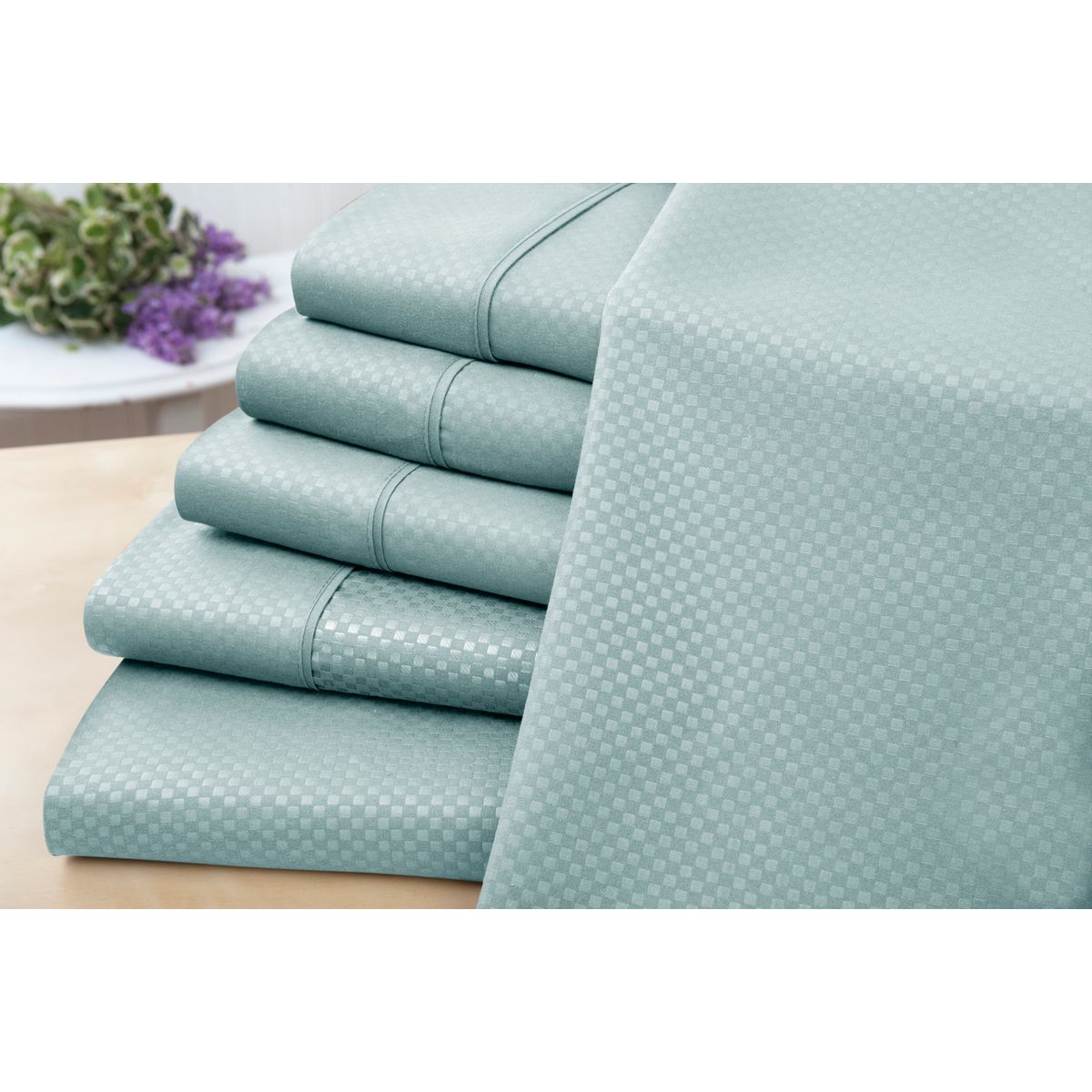 6-Piece Embossed Checkered Sheet Set - 6 Piece Check Sheet Set,   Aqua - Twin