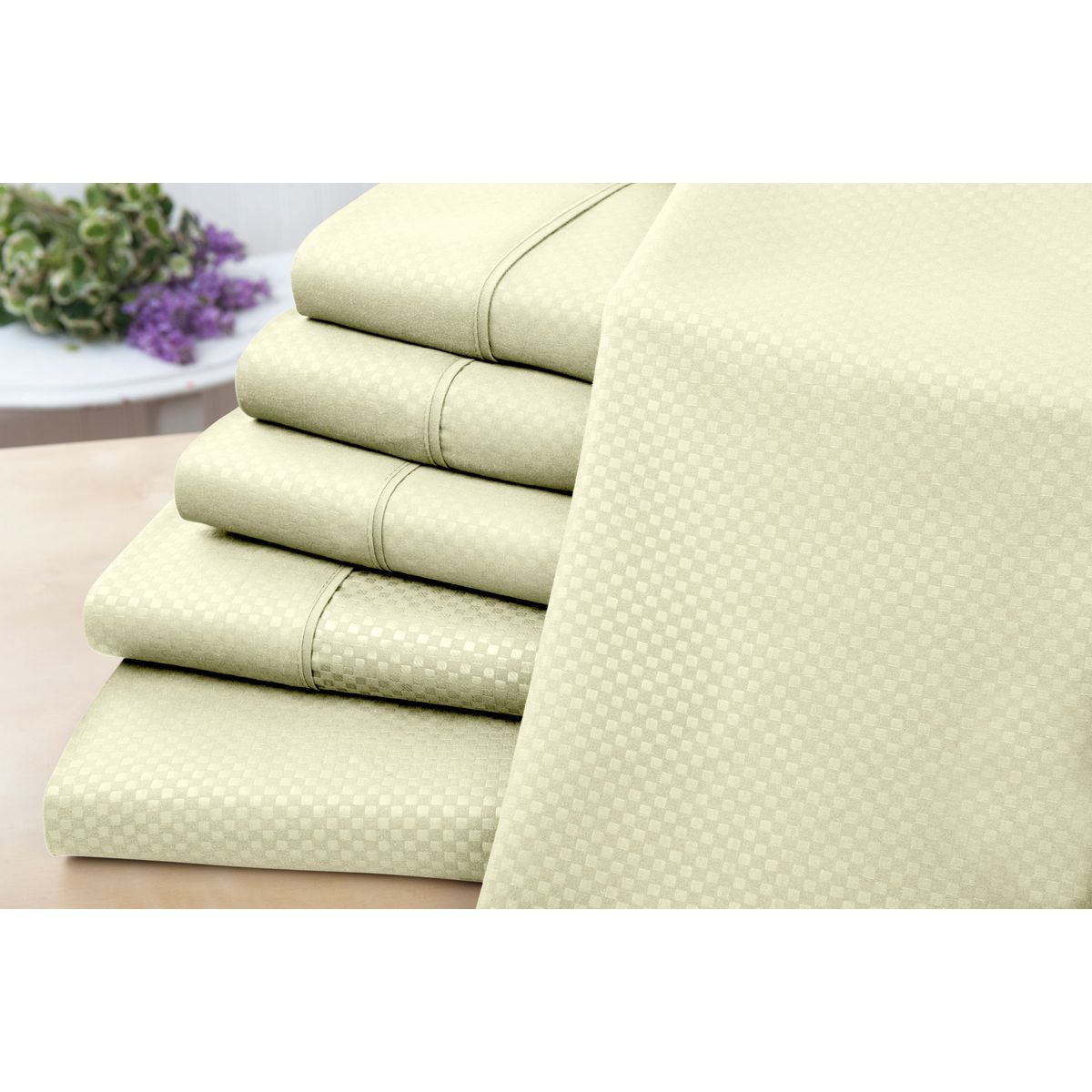 6-Piece Embossed Checkered Sheet Set - 6 Piece Check Sheet Set, Ivory - Queen