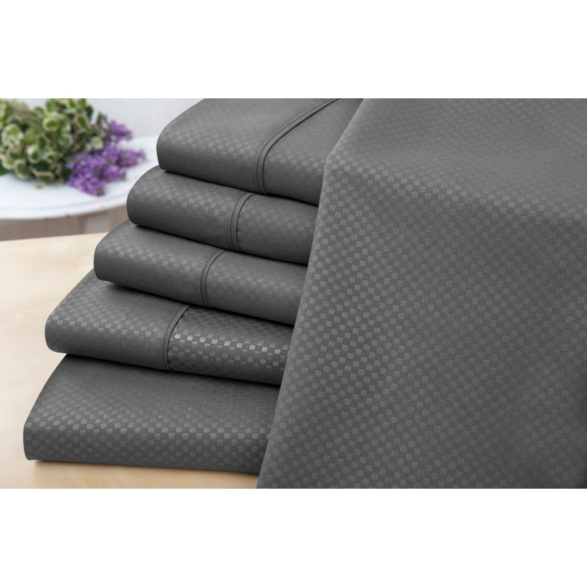 6-Piece Embossed Checkered Sheet Set - 6 Piece Check Sheet Set, Grey - King