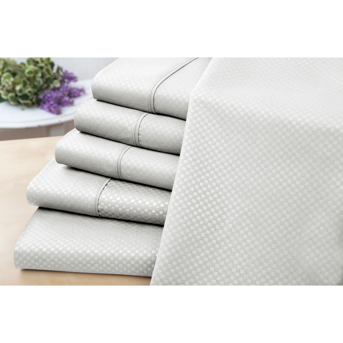 6-Piece Embossed Checkered Sheet Set - 6 Piece Check Sheet Set, White - Full