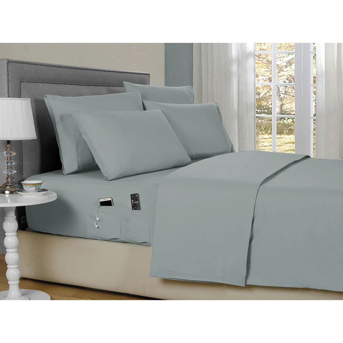 Kathy Ireland Smart Sheet Set with Side Pocket - Kathy Ireland 6-Piece Smart Sheet Sets w/ Side Pocket, Twin - Silver