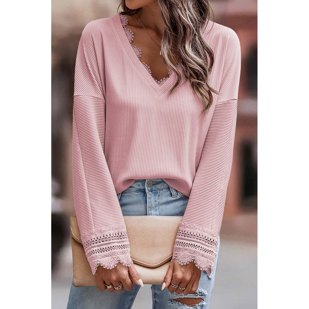 Women's Ribbed V-Neck Long Sleeve Top - Pink / M / 95%Polyester+5%Elastane