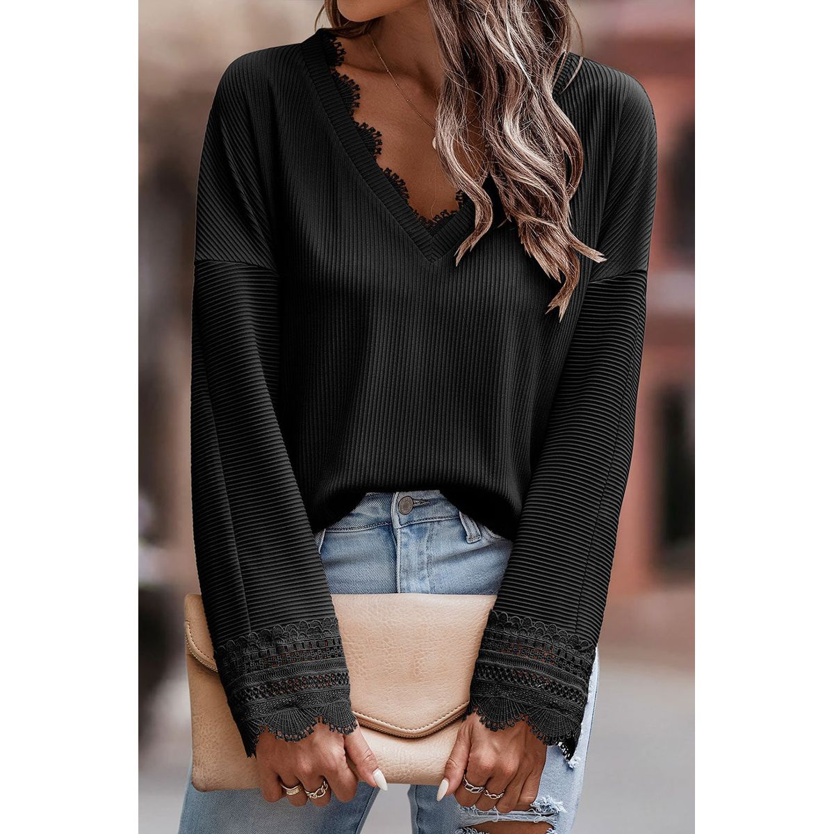 Women's Ribbed V-Neck Long Sleeve Top - Black / M / 95%Polyester+5%Elastane