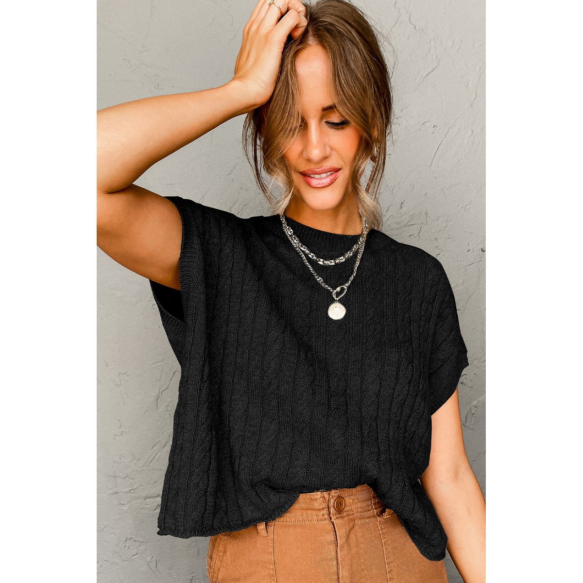 Women's Crew Neck Cable Knit Short Sleeve Sweater - Black / L / 55%Acrylic+45%Cotton