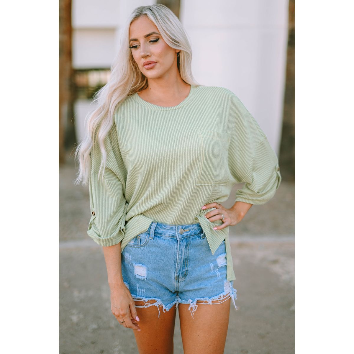 Women's Ribbed Roll-Tab Sleeve Chest Pocket Oversized Top - Green / S / 65%Polyester+30%Viscose+5%Elastane