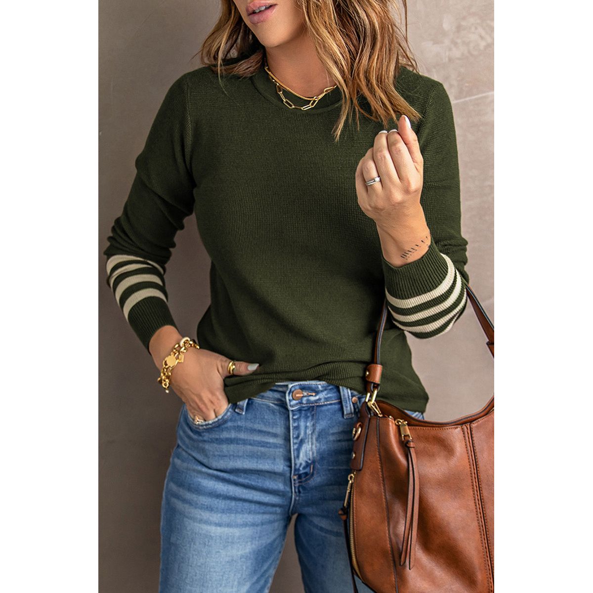Women's Striped Sleeve Knit Sweater - Green / S / 50%Viscose+28%Polyester+22%Polyamide