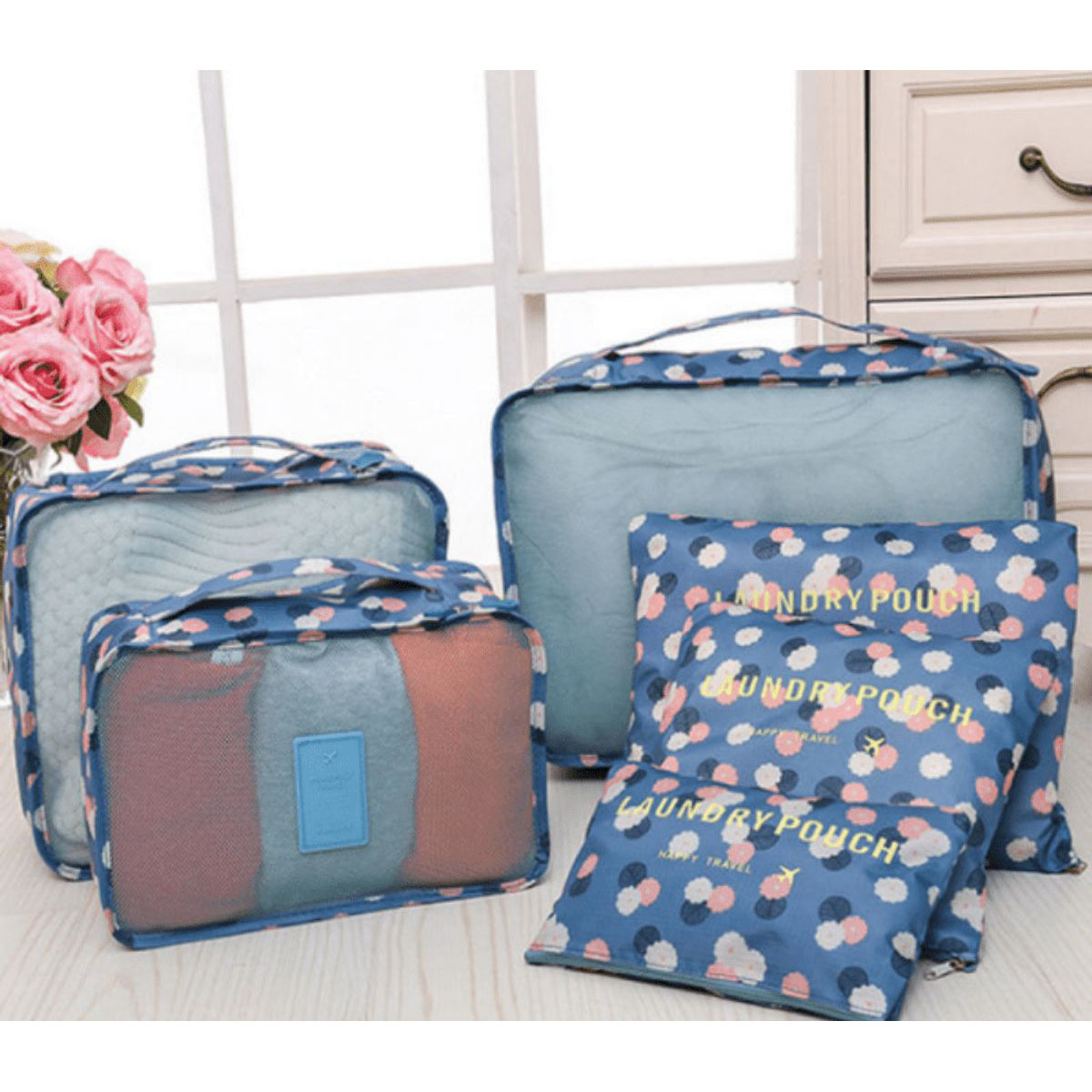 Travel Organizer Pouch Set (6-Piece) - Blue Flower