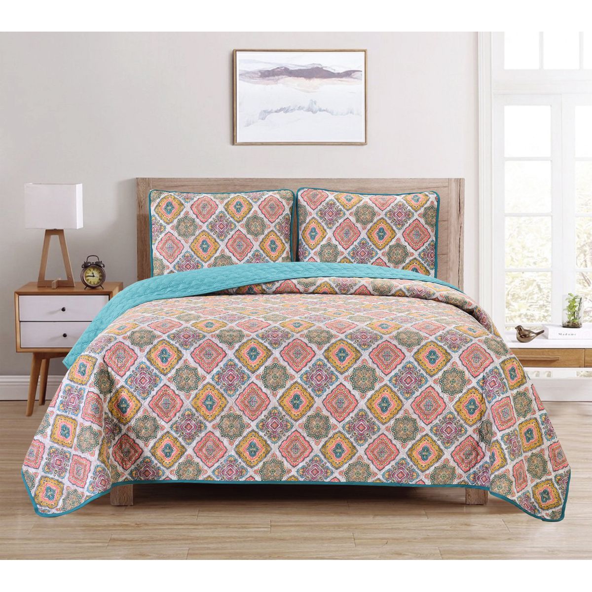 Dan River Reversible Printed Quilt Set (3-Piece) - Quilt Set - Aqua Boho, Full/Queen