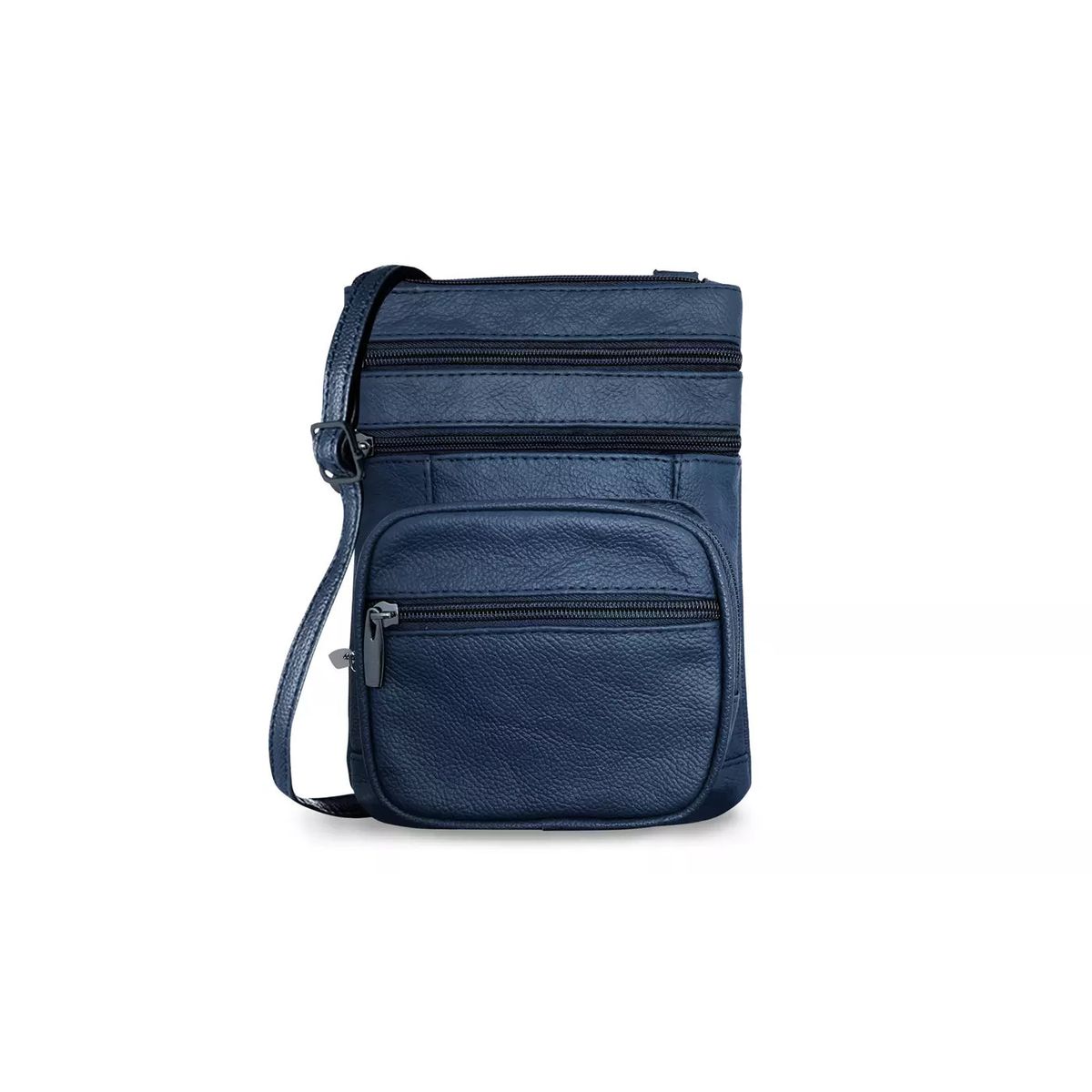 Genuine Leather Multi-Zippered Crossbody Bag - Navy