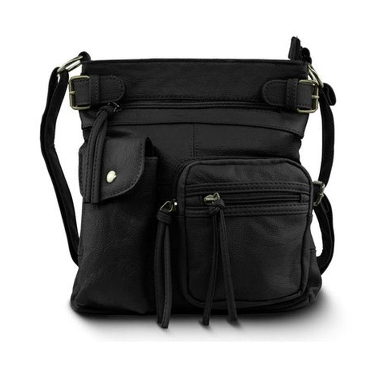 Super Soft Genuine Accent Top Belt Leather Crossbody Bag - Black