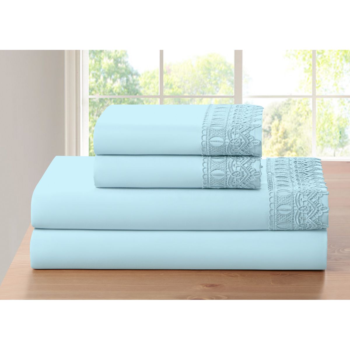 4-Piece Bamboo Comfort Lace Crochet Embroidery Sheet Set - Twin - Aqua