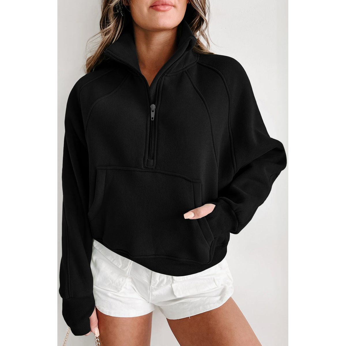 Women's Vivienne Zip-up Stand Collar Ribbed Thumbhole Sleeve Sweatshirt - Black / S / 50%Polyester+50%Cotton