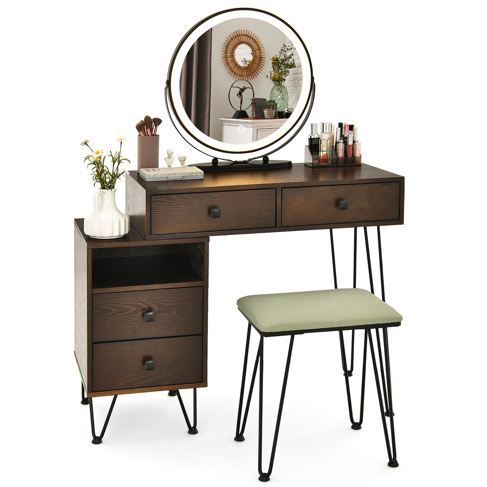 Modern Dressing Table with Storage Cabinet - Vanity Set Brown