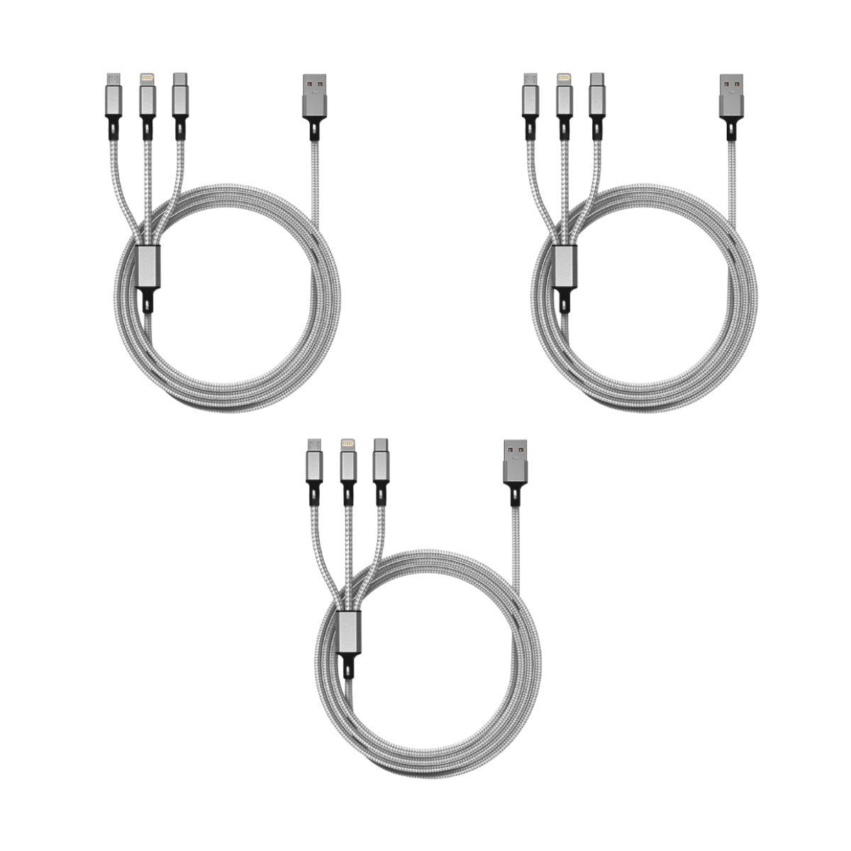 4-Foot 3-in-1 Nylon Braided Charging Cable - Lightning, USB-C, Micro-USB (1- to 5-Pack) - Lightning Cable 3-Pack