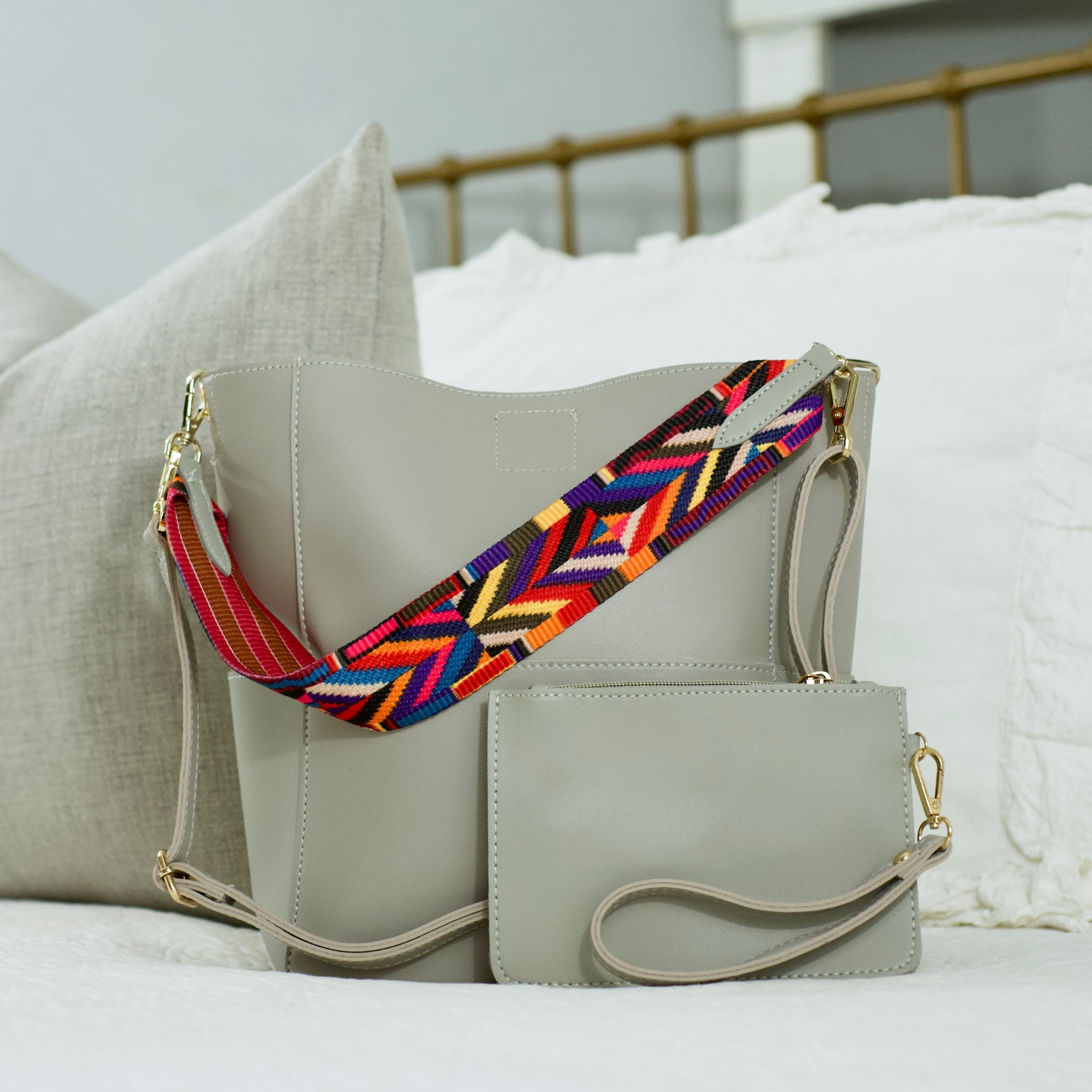 Kyndall Handbag | Choose Your Strap - Gray / Tan/Silver Stripe