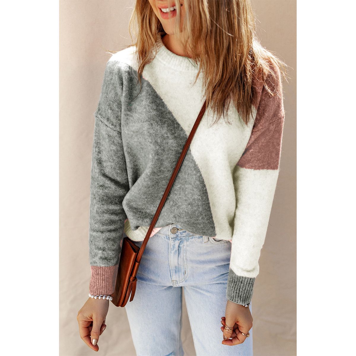 Women's Nicole Ribbed Trim Round Neck Sweater - Gray / S / 74%Acrylic+ 22%Polyester+4%Elastane