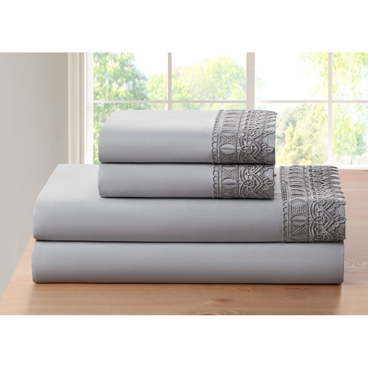 4-Piece Bamboo Comfort Lace Crochet Embroidery Sheet Set - King - Silver Grey