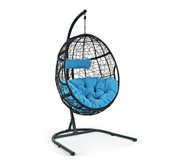 Hanging Cushioned Egg Hammock Chair with Stand - Blue Cushion