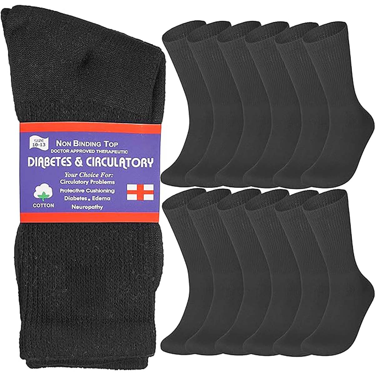 Cotton Non-Binding Diabetic & Circulatory Crew Socks (12-Pair) - Black