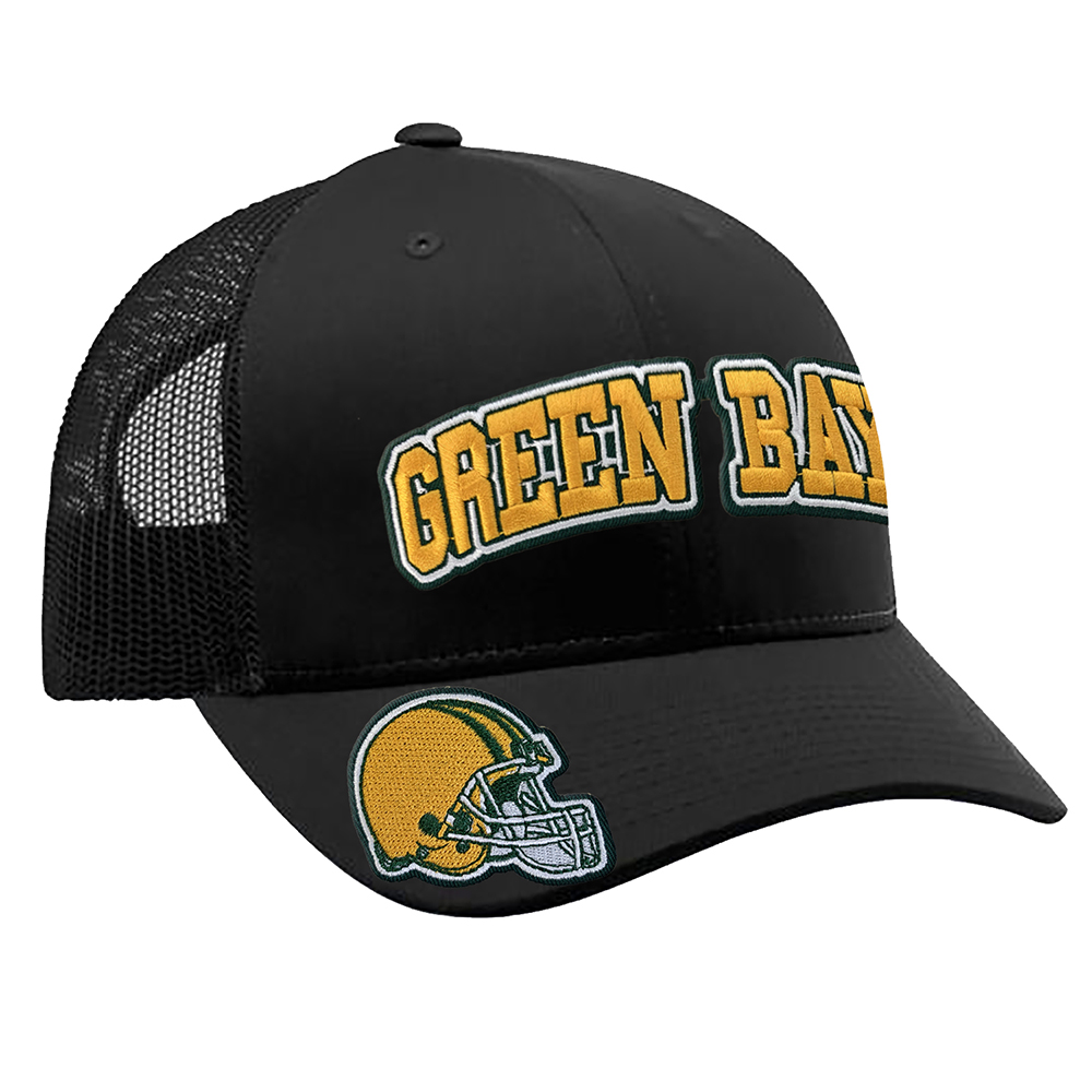Embroidered Football Trucker Cap - Green Bay Helmet - Black