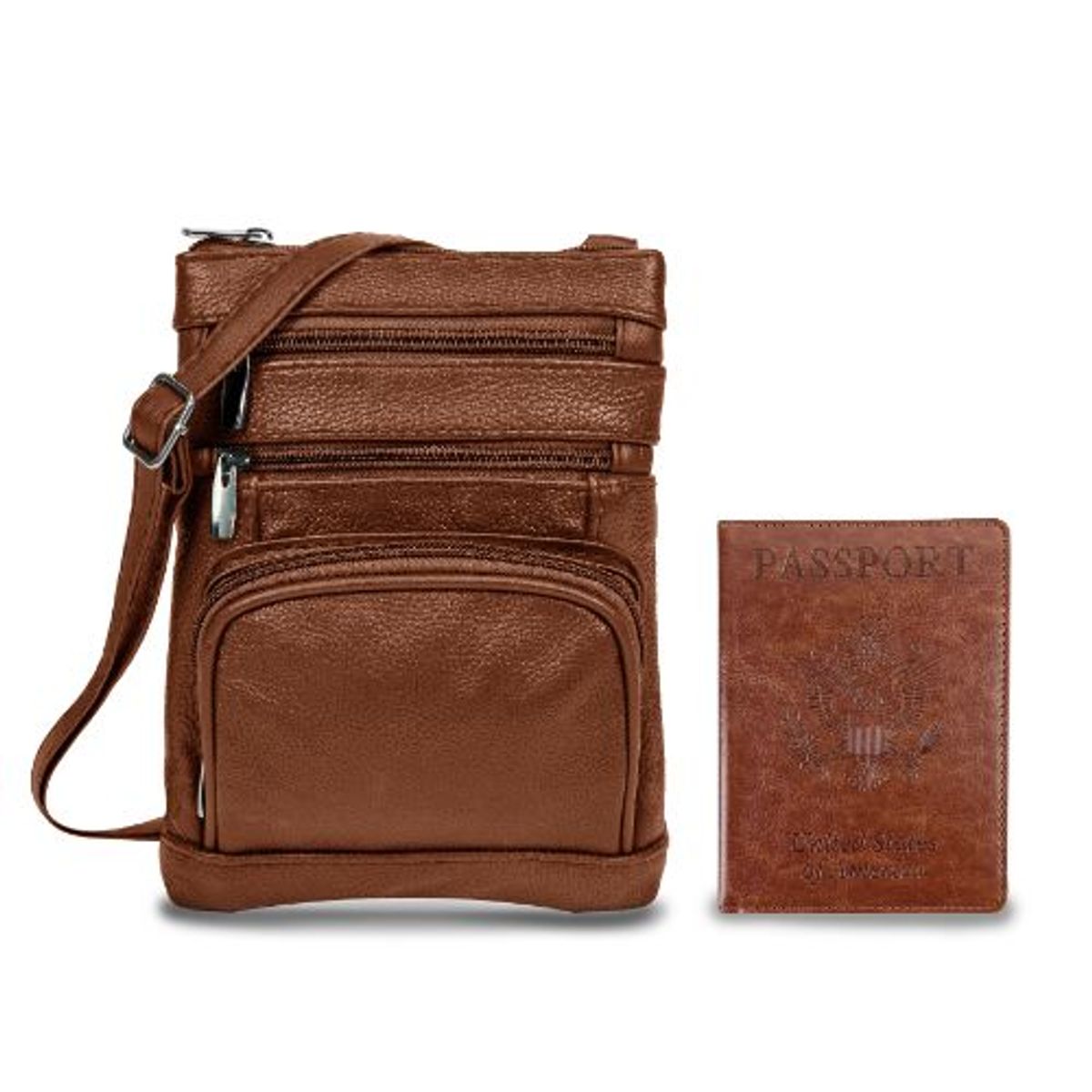Leather Crossbody Bag with CDC Passport Holder - Brown
