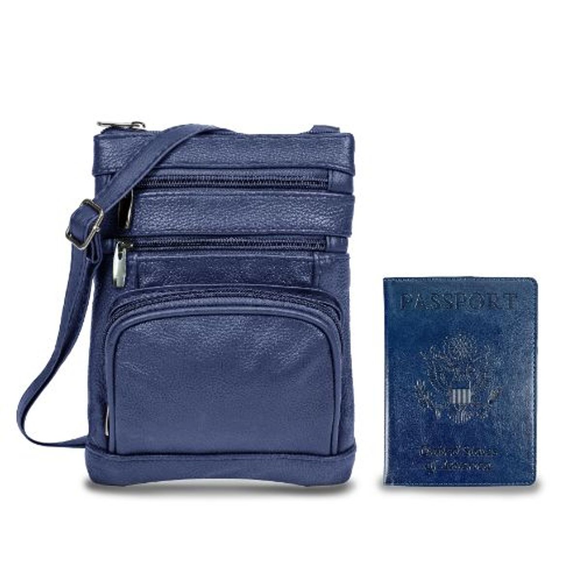 Leather Crossbody Bag with CDC Passport Holder - Navy