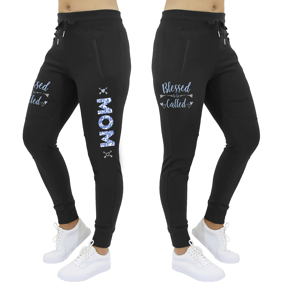 Women's Mama Bear Jogger Sweatpants - Women's Blessed Mama Bear Joggers - Floral Blessed to Be Called Mom - Black / L