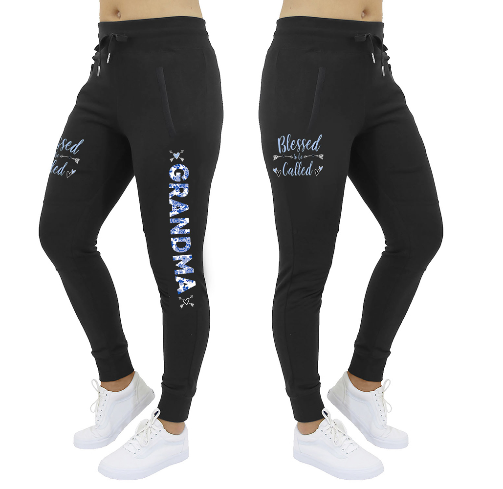 Women's Mama Bear Jogger Sweatpants - Women's Blessed Mama Bear Joggers - Floral Blessed to Be Called Grandma - Black / L