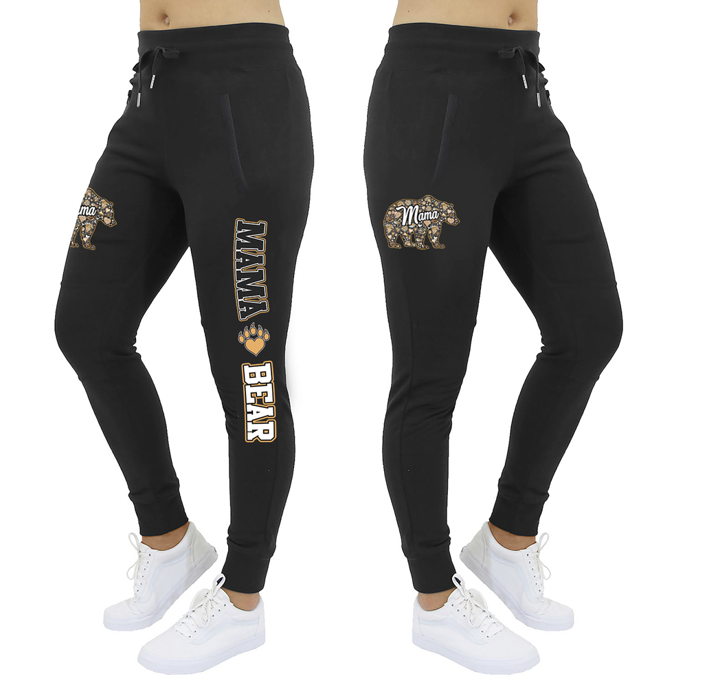 Women's Mama Bear Jogger Sweatpants - Women's Blessed Mama Bear Joggers - Mama Bear Bouquet Pattern - Black / XL