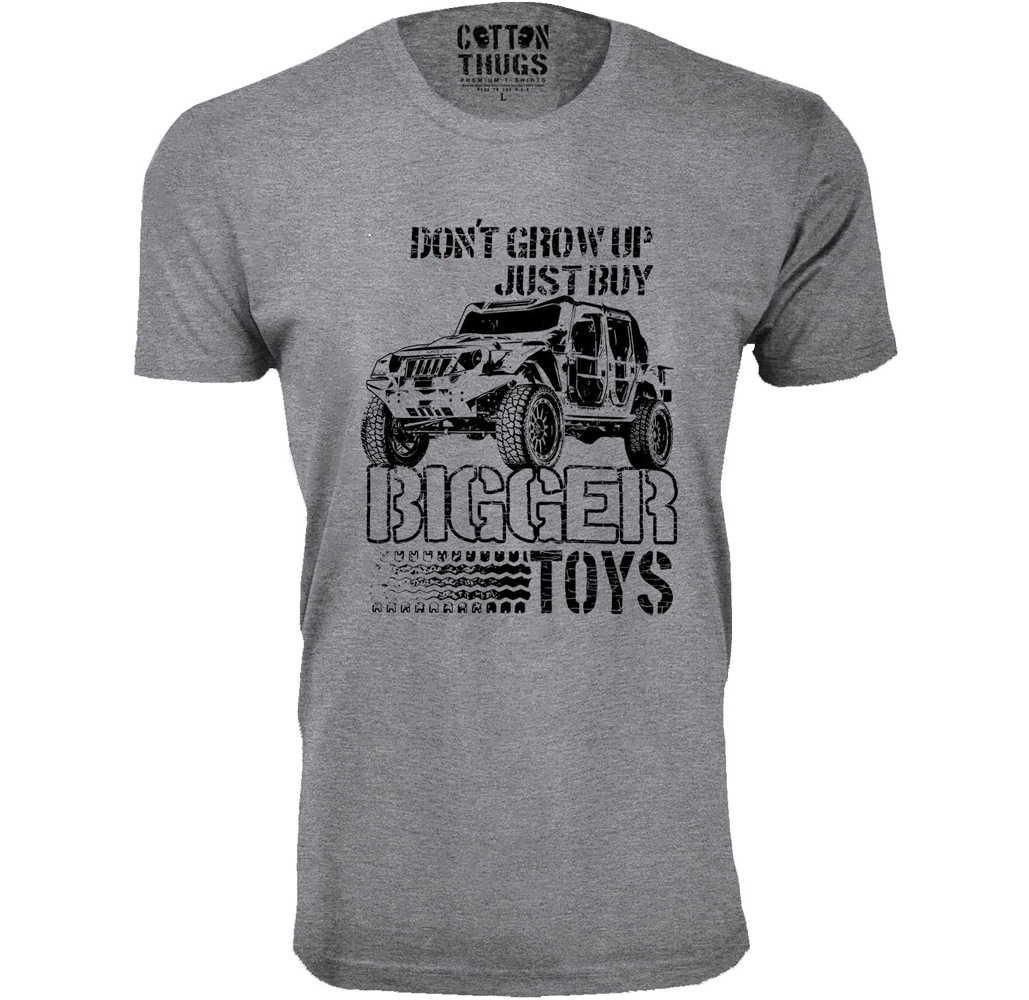 Men's Jeep T-Shirts - Men's Awesome Jeep Joke T-Shirts - Bigger Toys - Heather Grey-Black Print / L