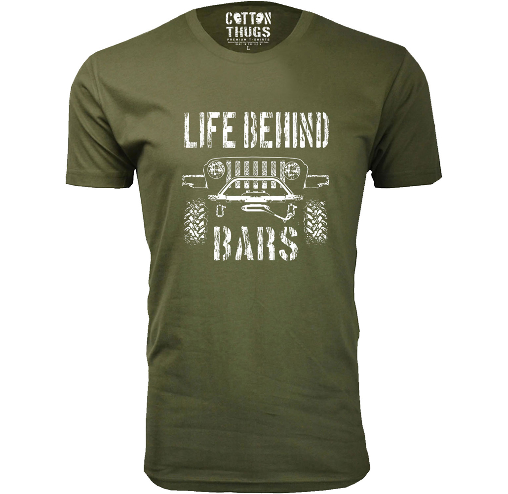 Men's Jeep T-Shirts - Men's Awesome Jeep Joke T-Shirts - Life Behind Bars - Military Green / XL