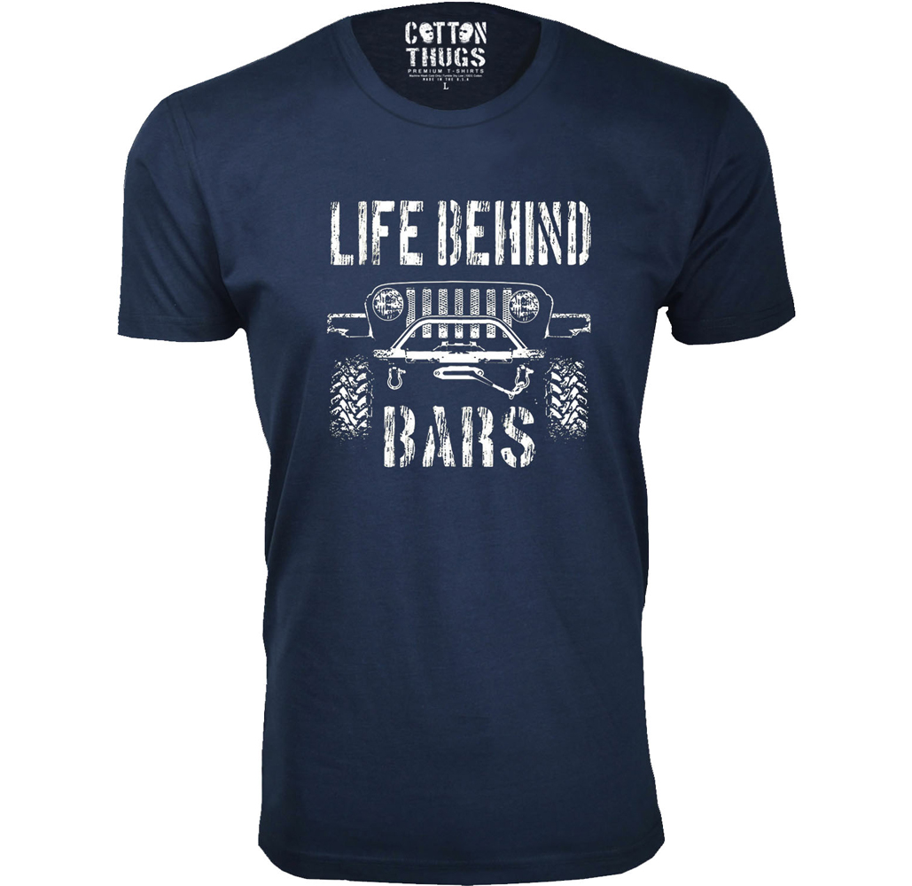 Men's Jeep T-Shirts - Men's Awesome Jeep Joke T-Shirts - Life Behind Bars - Navy / M