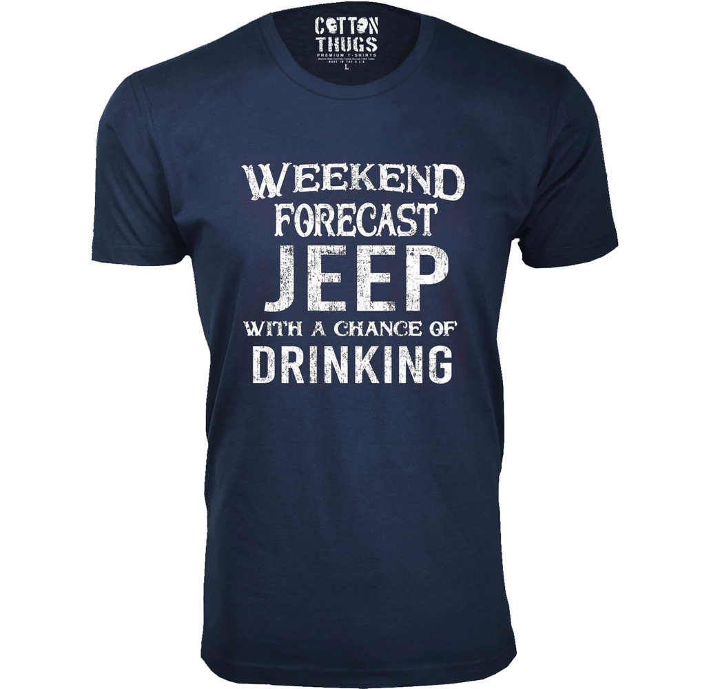 Men's Jeep T-Shirts - Men's Awesome Jeep Joke T-Shirts - Weekend Forecast JEEP with A Chance Of Drinking - Navy / M