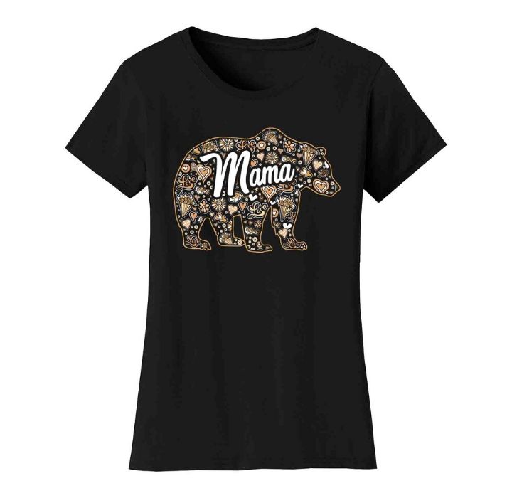 Women's Mama Bear T-Shirt - Bouquet Pattern - Black / S