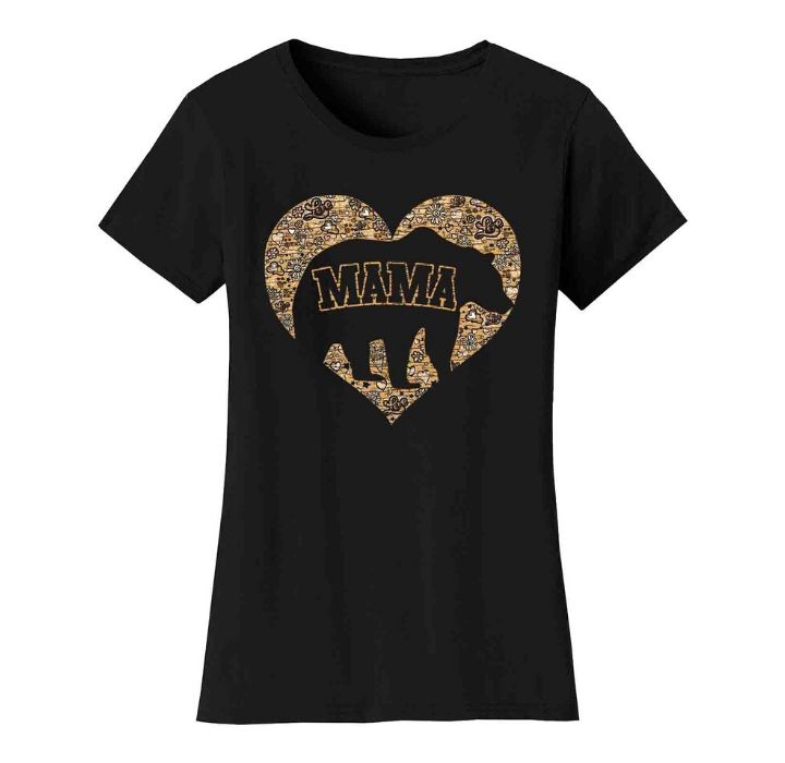 Women's Mama Bear T-Shirt - Heart Pattern - Black / S