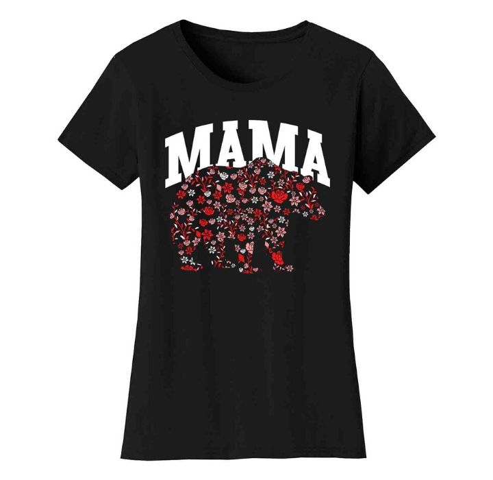 Women's Mama Bear T-Shirt - Flower Pattern - Black / S