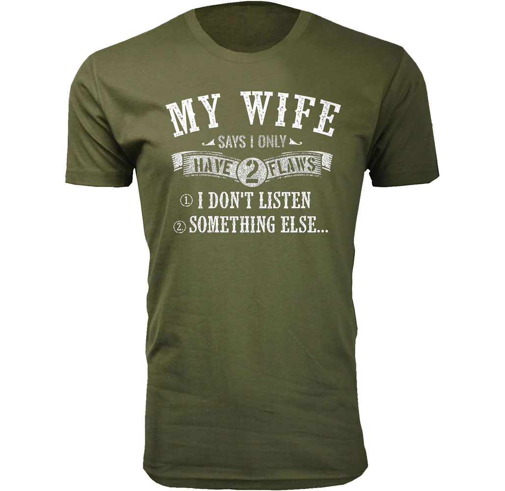 Men's Humorous Cotton Crew Neck T-Shirts - 2 Flaws - Military Green / S