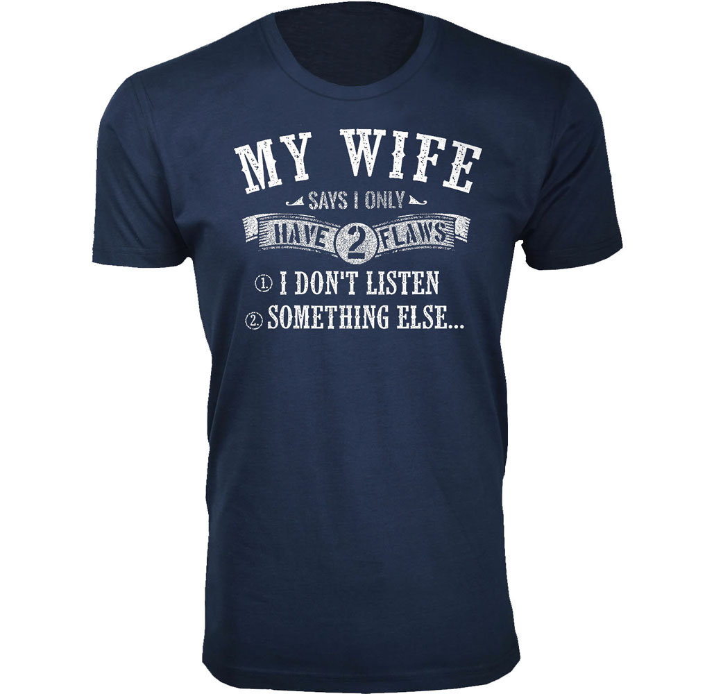 Men's Humorous Cotton Crew Neck T-Shirts - 2 Flaws - Navy / L